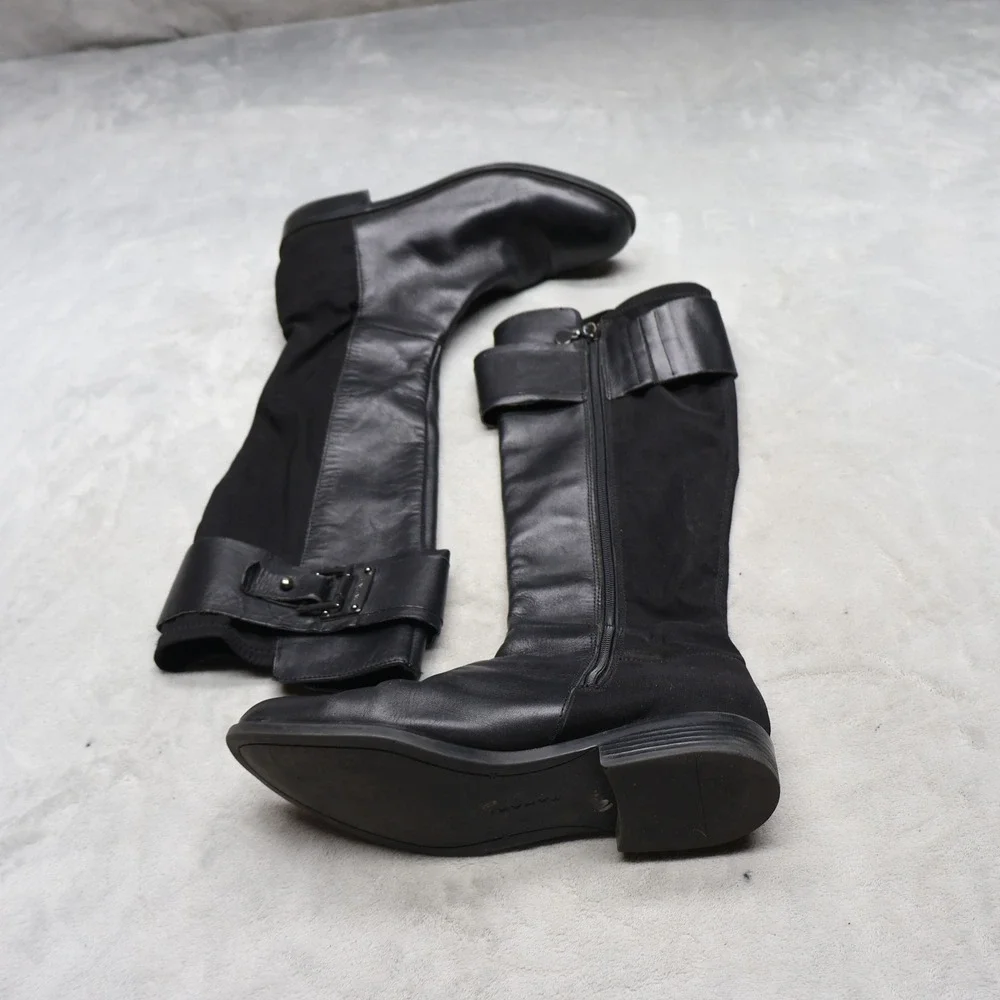 Tahari Women 8.5M Knee High Boots Black Leather Buckle Riding Classic‎ Winter